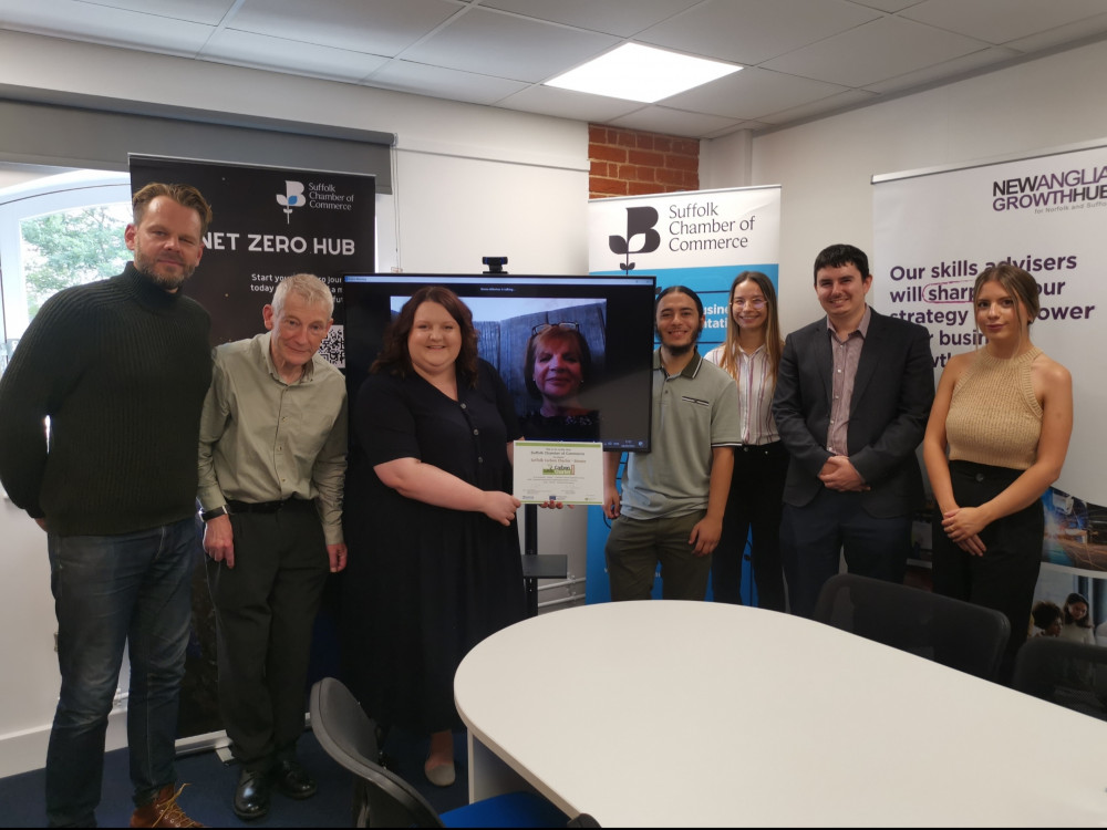 Suffolk Chamber’s Road to Net Zero group L to R: Tim Robinson, Toby Warren, Emma Alderton, Julia Hale (on screen), Muhammod Miah, Cristina Alexandrov, Jamie Bird and Jess Winlow (Picture credit: Suffolk Chamber of Commerce)