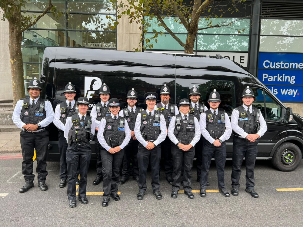 Some of the Essex officers in London ahead of the Queen’s funeral yesterday. From left, they are (Front) PC Nicola Southgate, PC Rebecca Welch, Insp Ian Howlett, PS Laura Heggie, PC John Reid and PC George Burgess.  Rear -  PC Nick Lewis, PC Oliver Stovall, PC Luke Pickersgill, PC Shaun Merritt, PC Brad Hall and PC Daniel Bell. Pictures from Essex Police.