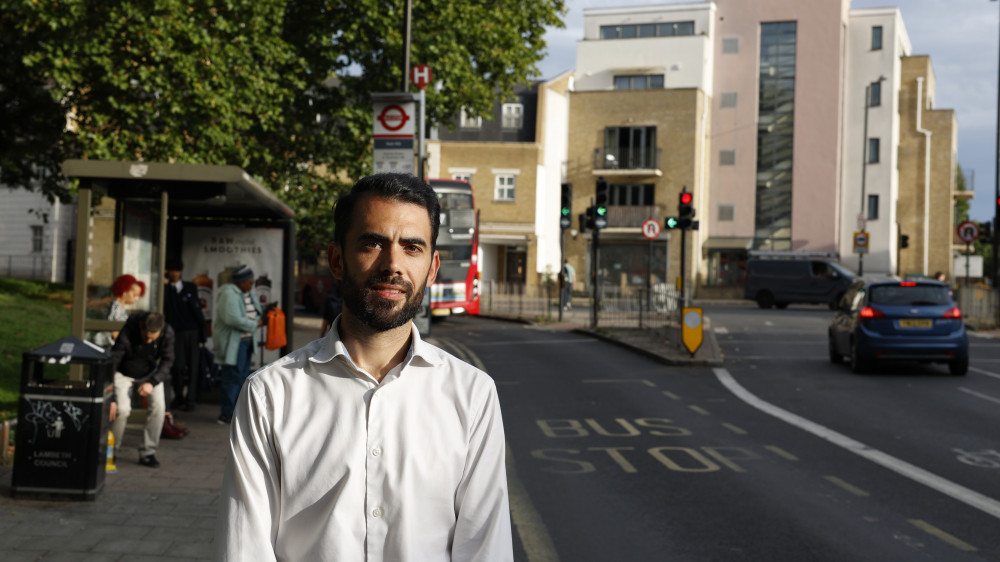 Richard Newell next to the notorious Clapham Park Road bus lane. CREDIT: Facundo Arrizabalaga