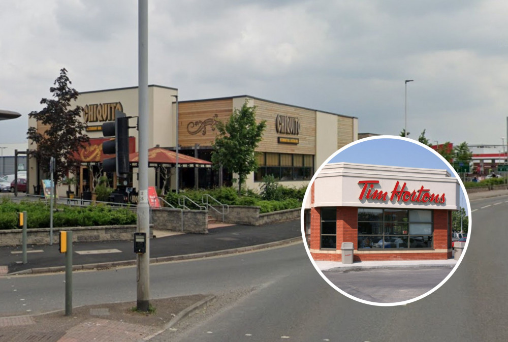 Former Chiquito store, Marsh Barton, Exeter (Google Maps). Inset: Tim Hortons store in Calgary, Alberta, Canada (By Tupungato, CC BY 2.5, https://commons.wikimedia.org/w/index.php?curid=3554246, changes made)