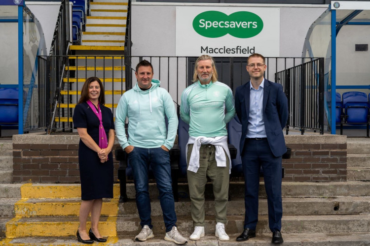 Left to right: Specsavers Anghard Butler, Macclesfield FC Club Owner Robert Smethurst, Director of Football Robbie Savage, and Dan Williams of Specsavers Macclesfield. Left to right: Specsavers Anghard Butler, Macclesfield FC Club Owner Robert Smethurst, Director of Football Robbie Savage, and Dan Williams of Specsavers Macclesfield.