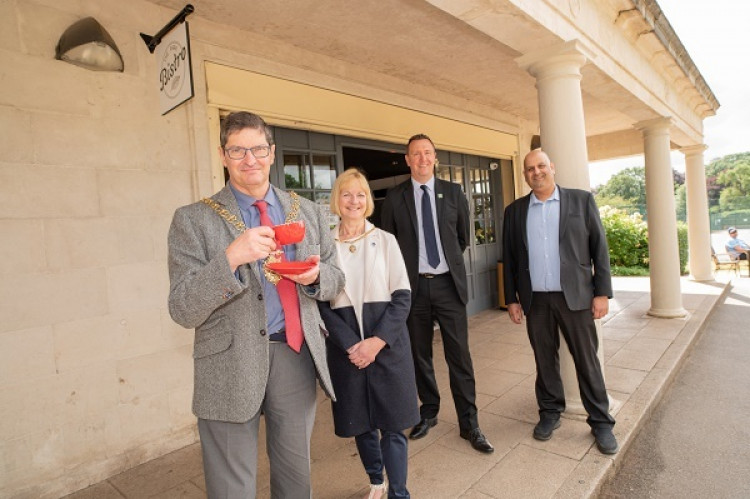 Lord Mayor of Coventry Cllr Kevin Maton, Lady Mayoress Angela Maton, Richard Harrison and Cllr Abdul Salam Khan at the new Park Bistro (image via Coventry City Council)