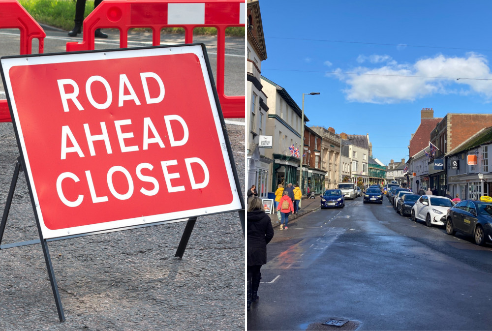 L: Road closure stock image (Pixabay). R: Sidmouth High Street (Nub News/ Will Goddard)