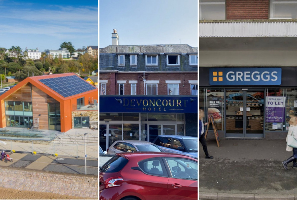 L: Sideshore, Exmouth (Grenadier/ LDRS). M: Devoncourt Resort & Apartments on Douglas Avenue, Exmouth (Nub News/ Will Goddard). R: A Greggs bakery 44 The Parade, Exmouth (Google Maps)