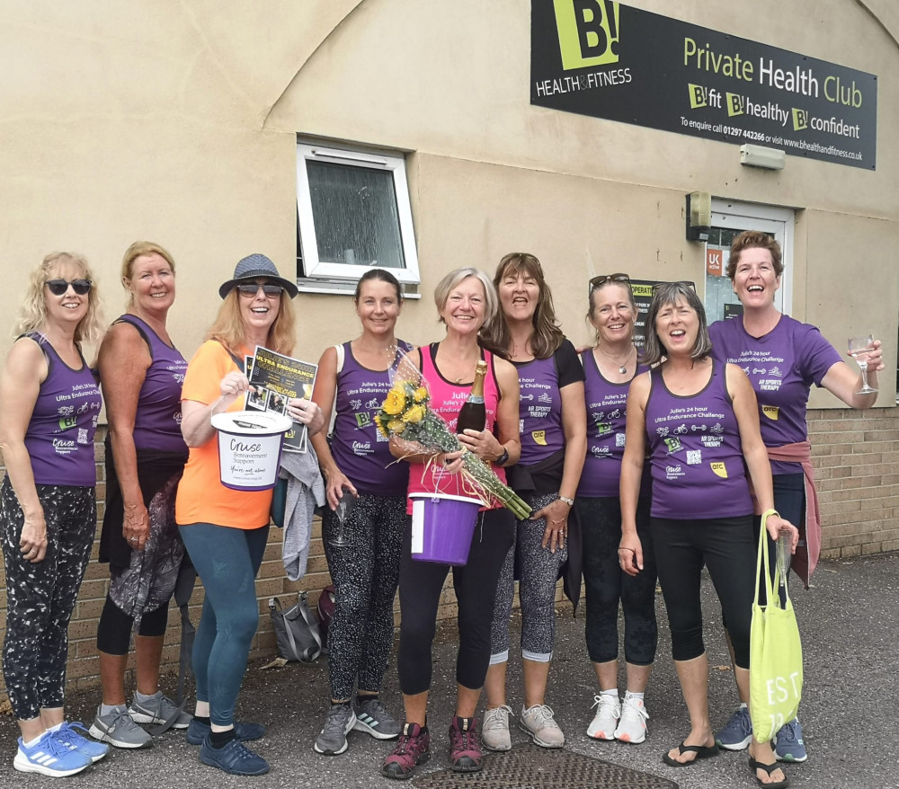 Julie Corbin and friends from B! Health & Fitness in Lyme Regis celebrate completing her challenge (photo courtesy of Lynnette Ranvenscroft)