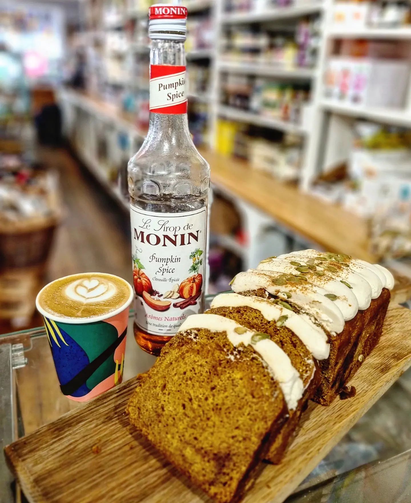 Pumpkin spiced loaf cake and latte from Elephant & Bun