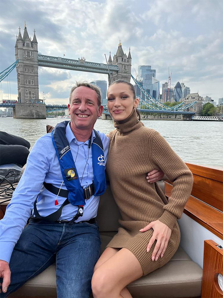 David Cockwell with Bella Hadid on boar Titian Tender - Image credit- Cockwells. 