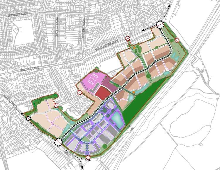 Warwickshire County Council has signed off on four new junctions for the new Thickthorn housing estate (image via planning application)