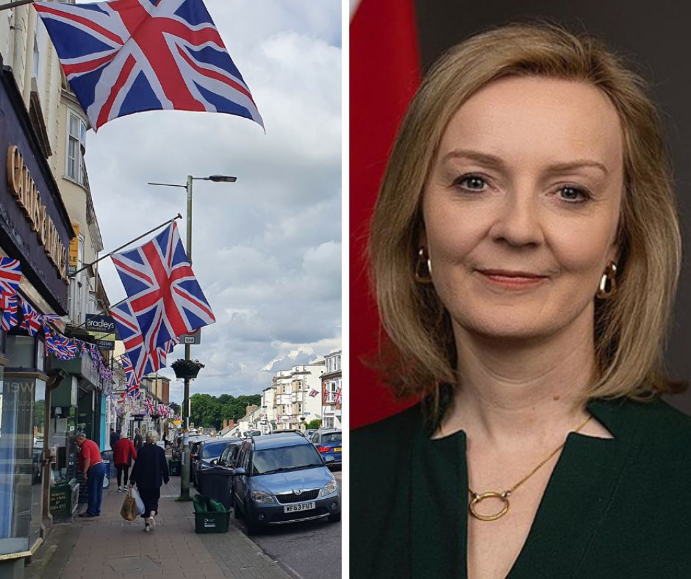 L: Honiton Hight Street R: Liz Truss (Credit: UK Parliament/Official Portrait)