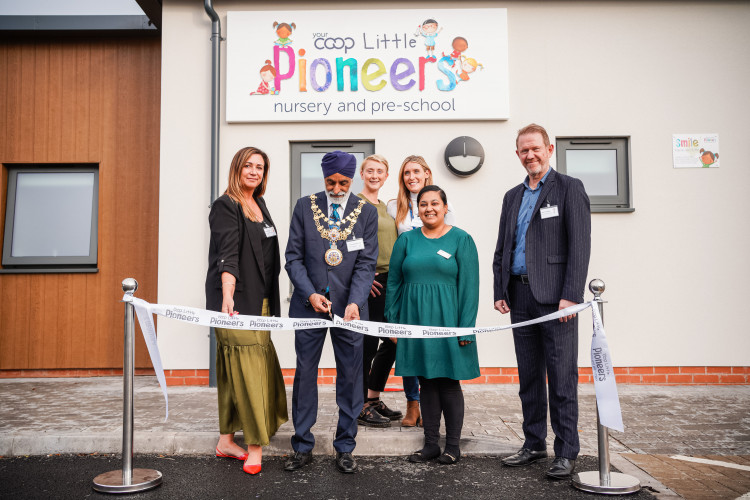 From left: Sally Bonnar, chief operating officer for the Childcare Group at The Midcounties Co-operative, Cllr Parminder Singh Birdi, Mayor of Warwick, Leanne Potts, Nursery Manager, Emily Sandilands, Growth and Acquisitions Manager for Midcounties Co-operative, Naz Banu, Deputy Nursery Manager, Phil Ponsonby, Group CEO for The Midcounties Co-operative