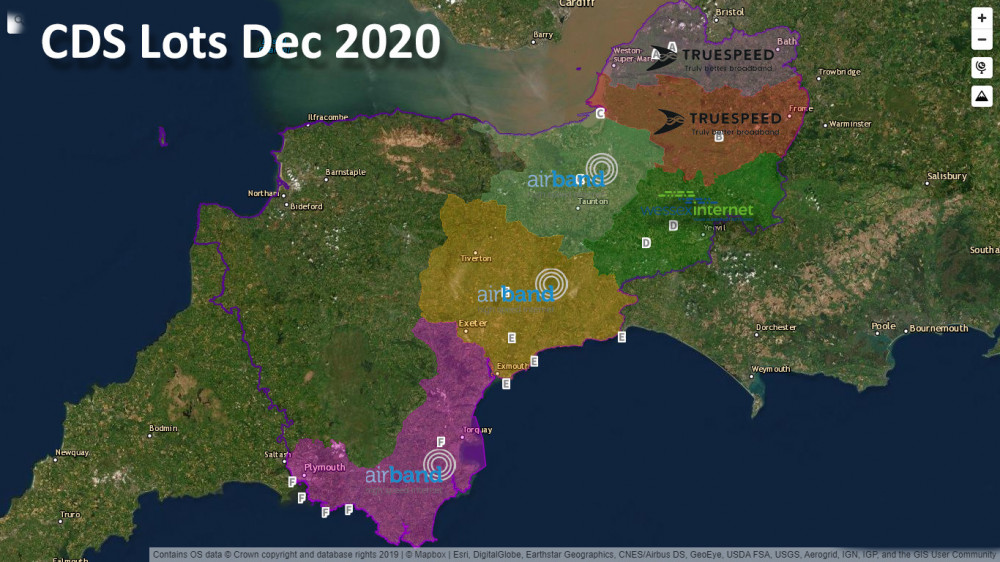 Map Showing The Companies Responsible For Phase Two Of The Connecting Devon And Somerset Programme. CREDIT: Connecting Devon And Somerset. Free to use