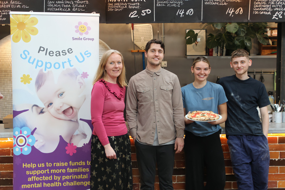 Smile Group's Natalie Nutall (left) with staff of The Picturedrome Macclesfield and Italian pizzeria Honest Crust. (Image - Alexander Greensmith / Macclesfield Nub News)