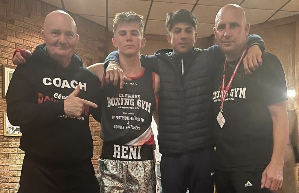 Reni Bulyka pictured with coaches Chris Adams and Roy Thornton and fellow boxer Aman Kumar (image via Reece Singh PR)