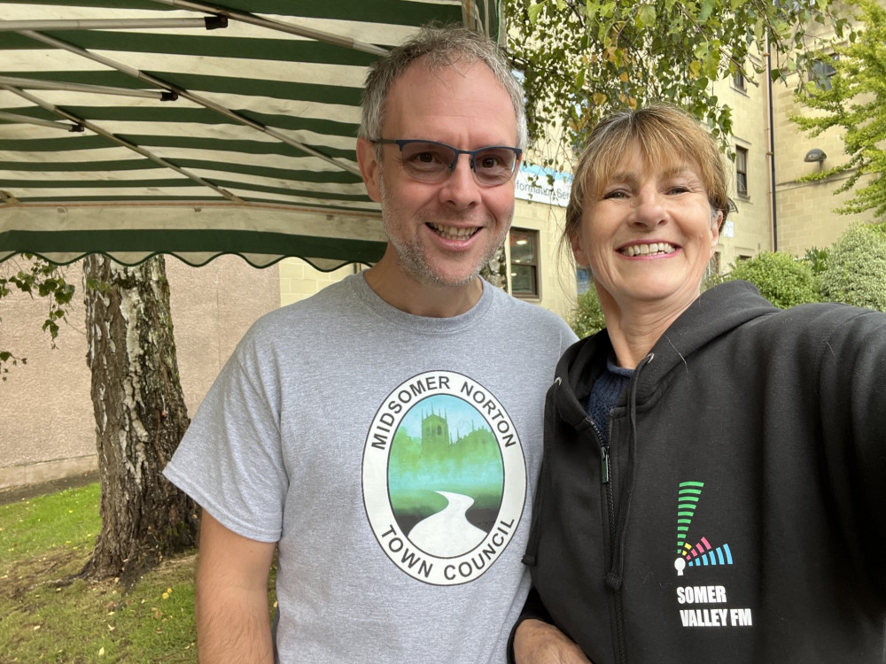 Cllr Mackay and Debbie Chatting of Somer Valley FM at the Farmers Market