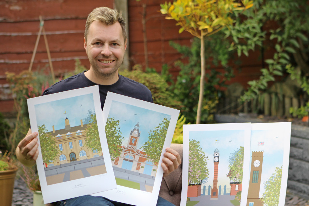 Crewe-raised illustrator Adam Schofield (41) has expanded his range of prints themed around his hometown. (Image - Alexander Greensmith / Crewe Nub News)