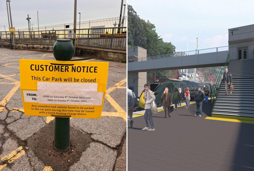 L: Customer notice at Dawlish railway station. R: CGI mock-up of footbridge design (Network Rail)