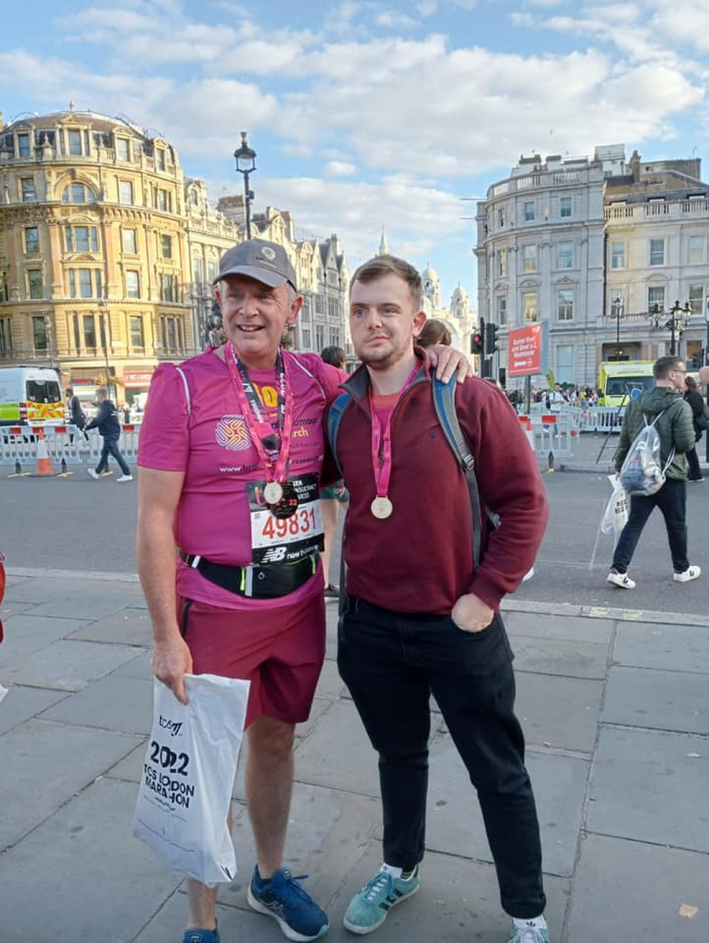 Rev Hilton with his son Ned at the end of Sunday's London Marathon 