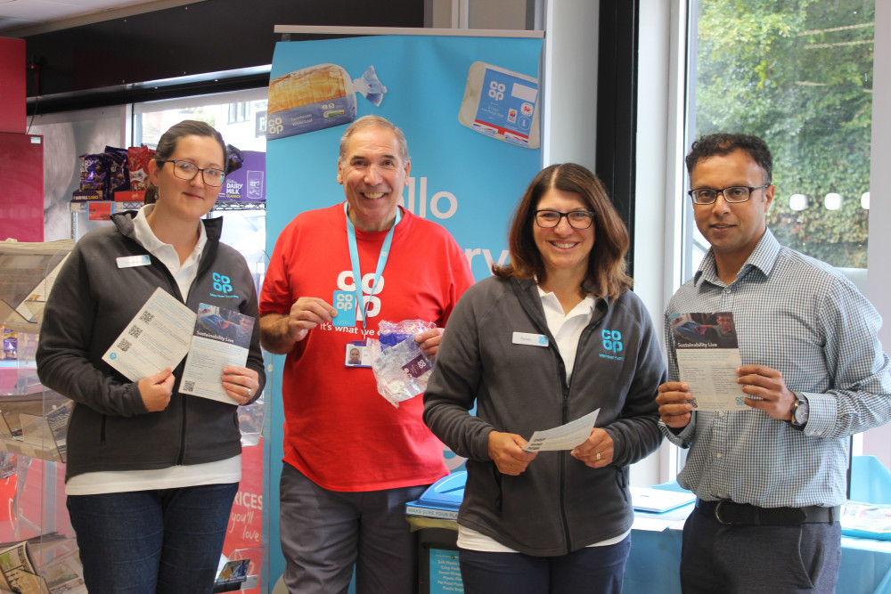 L to R: Co-op Macclesfield and Prestbury Member Pioneer Louise Little, Member Pioneer Co-ordinator Martin Bates, Co-op Poynton and Bramhall Member Pioneer Karen and Regional Member Pioneer Manager Madhusudhan Roy  at Prestbury Co-op. (Image - Alexander Greensmith / Macclesfield Nub News)