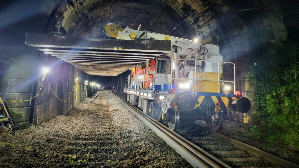 Track removal machine taking out old sleepers during Beechwood Tunnel work October 2022 (image via Network Rail)