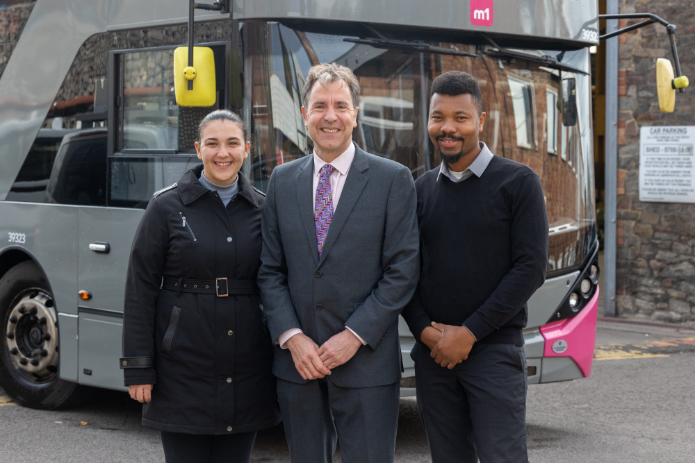 Metro Mayor Dan Norris with new driver recruits Giusy Caternicchia and Kai Foday