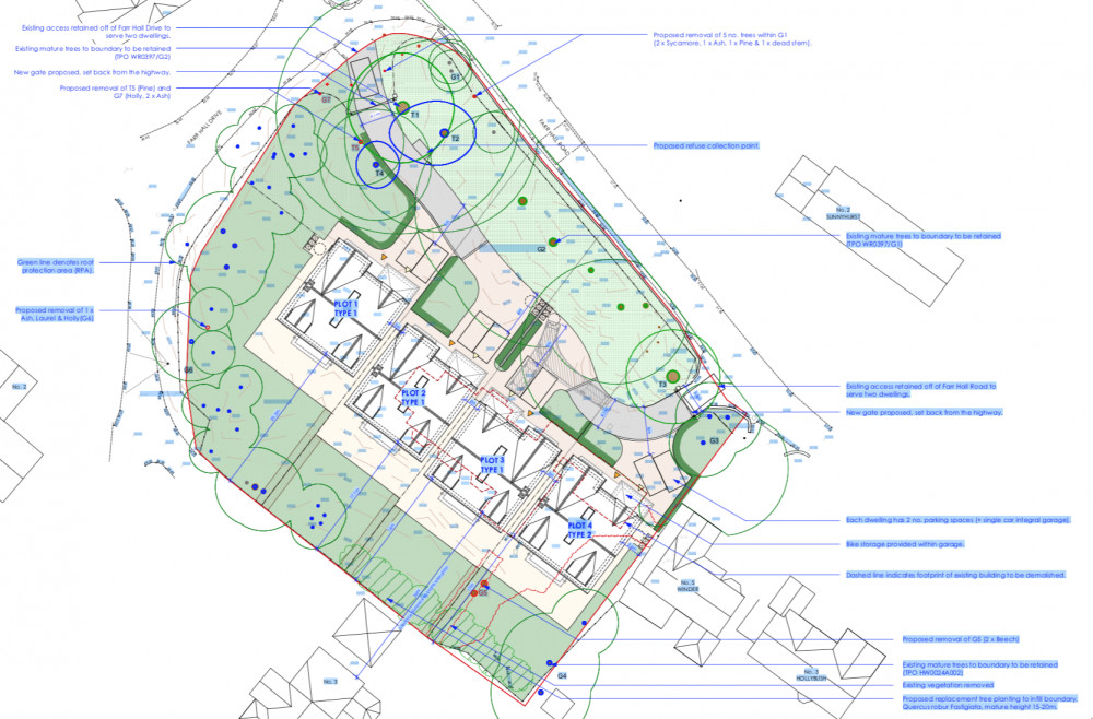 How the four new homes will occupy the cleared site on Farr Hall Road, Heswall