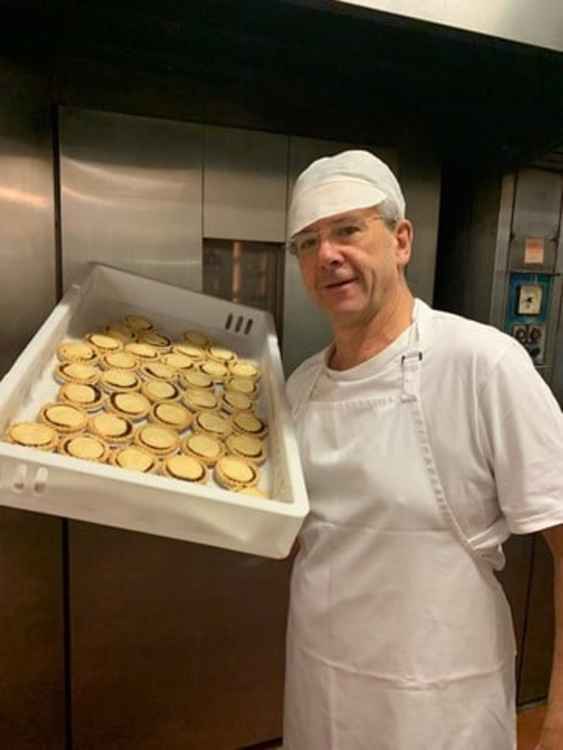 Rob Crowther at the Devonshire Bakery with his mince pie gift