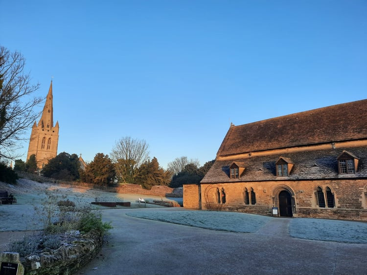 Oakham Castle, Castle grounds, and All Saints' Church in the frost.