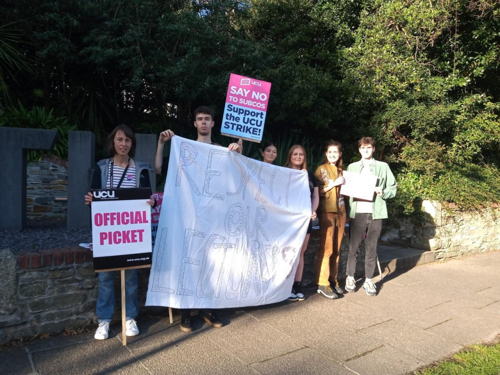 Students join lecturers in official picket outside Falmouth University campus. 