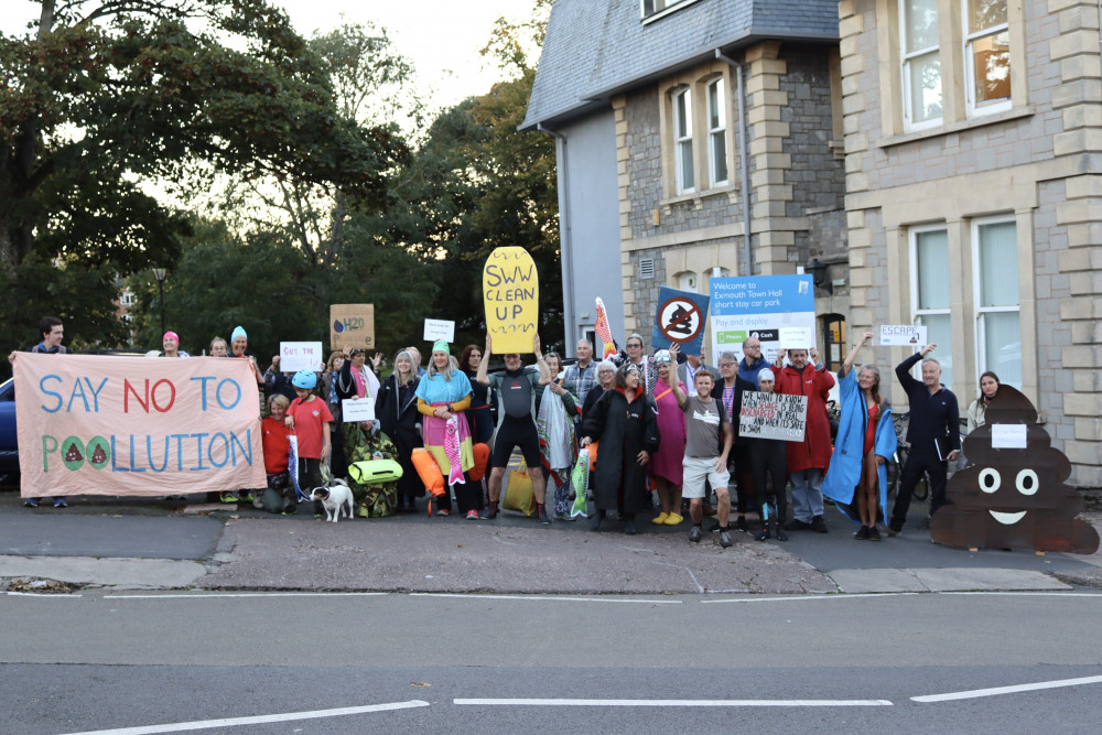 Activists and others including group Friends of the Earth with mascot Terence the Turd, right, before a meeting of Exmouth Town Council (Nub News/ Will Goddard)