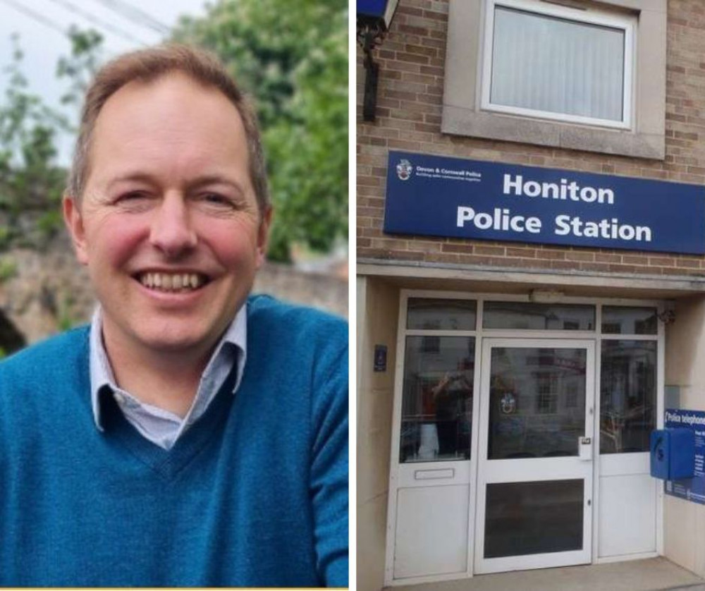 L: Richard Foord MP and R: Honiton Police Station, which is closed to the public 