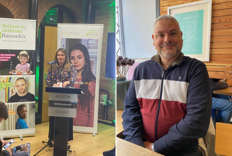 L: Barnardo's CEO Lynne Perry MBE speaking at event in Birmingham. R: Cllr Bruce de Saram