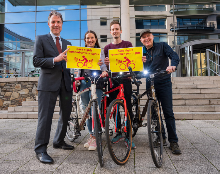 Metro Mayor Dan Norris with the Bristol Cycling Campaign outside the offices of the West of England Combined Authority encouraging cyclists to make sure their bikes are fitted with lights as the clocks go back this weekend