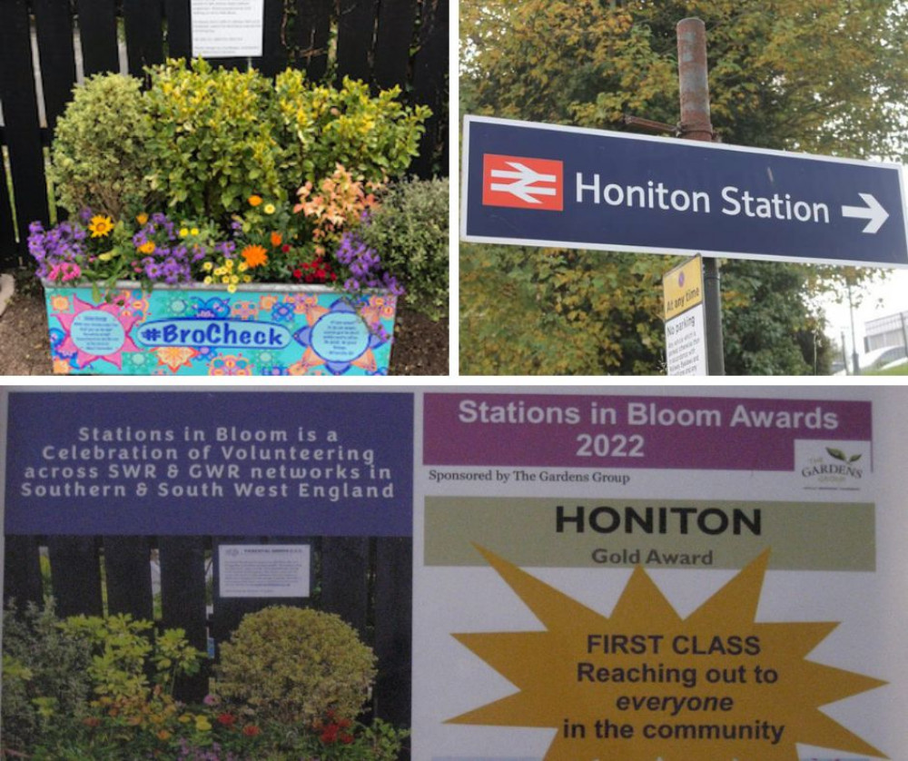 A decorated planter at Honiton station and the award which was given to Honiton Station (Credit: Martin Long) 