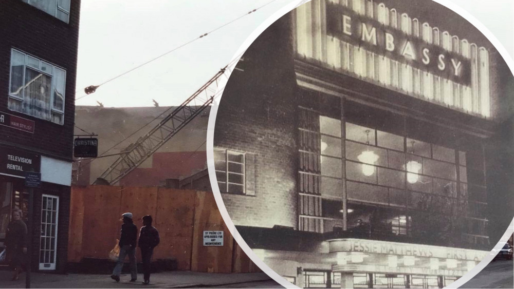 The Embassy cinema building was demolished in 1985. Inset: the cinema's illuminated facade. (Photos courtesy of Peter Chinnery and Janet Mayes)