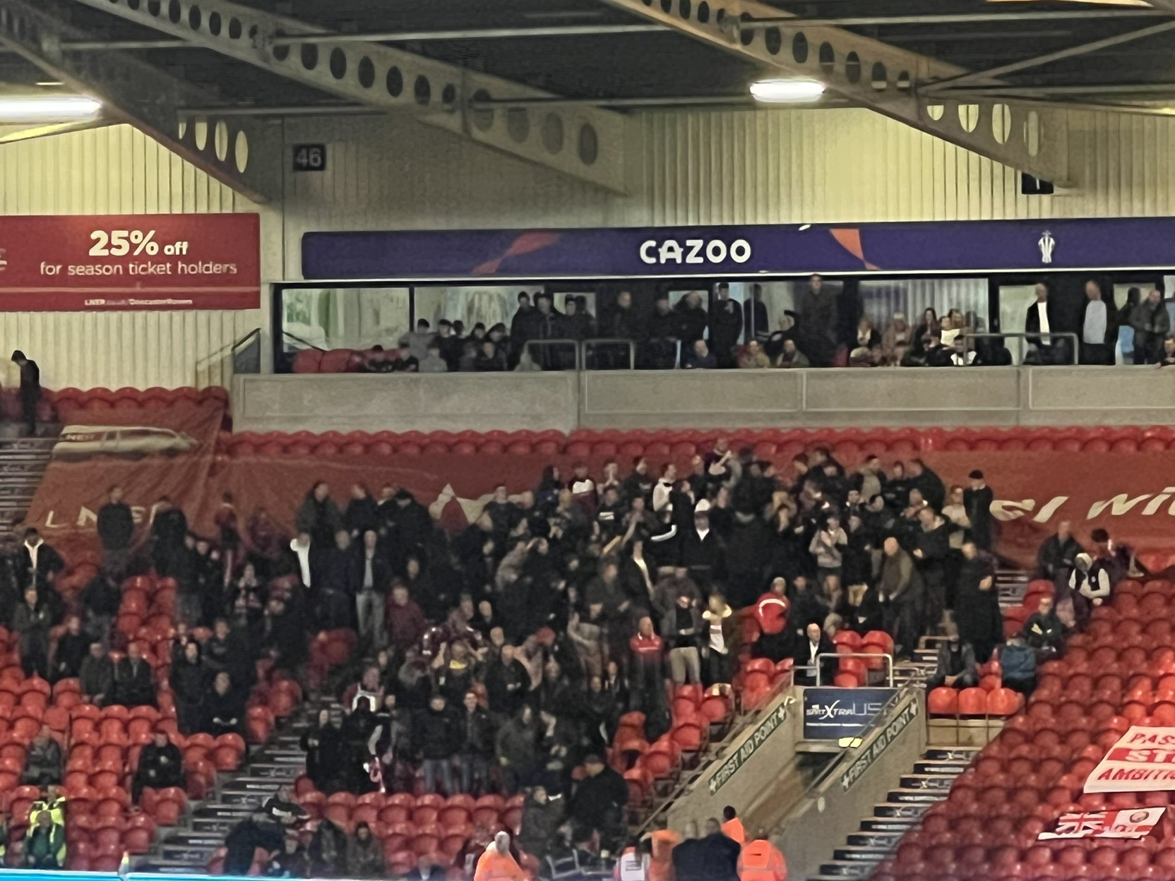 The travelling Stevenage fans at Doncaster. CREDIT: @laythy29 