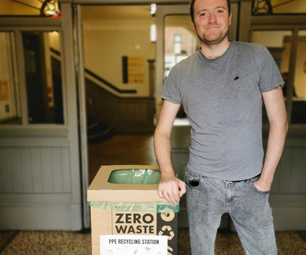 Sean Powell, Town Hall Steward at Frome Town Council, with the new PPE recycling box 