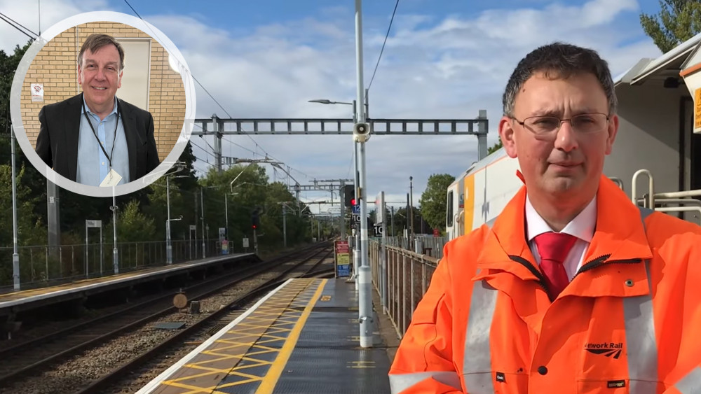 Mark Walker, Route Infrastructure Engineer at Network Rail. Inset: Maldon MP Sir John Whittingdale. (Photos: Greater Anglia and Nub News)