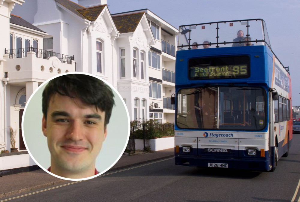 Open top bus in Exmouth (By Ed Webster, CC BY 2.0, https://commons.wikimedia.org/w/index.php?curid=36092389). Inset: Cllr Paul Millar (EDDC)