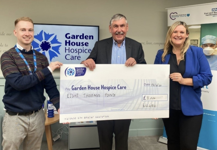 A cheque for £8,000 has been awarded to Garden House Hospice Care in Letchworth and East and North Hertfordshire Hospitals’ Charity by biz4Biz,