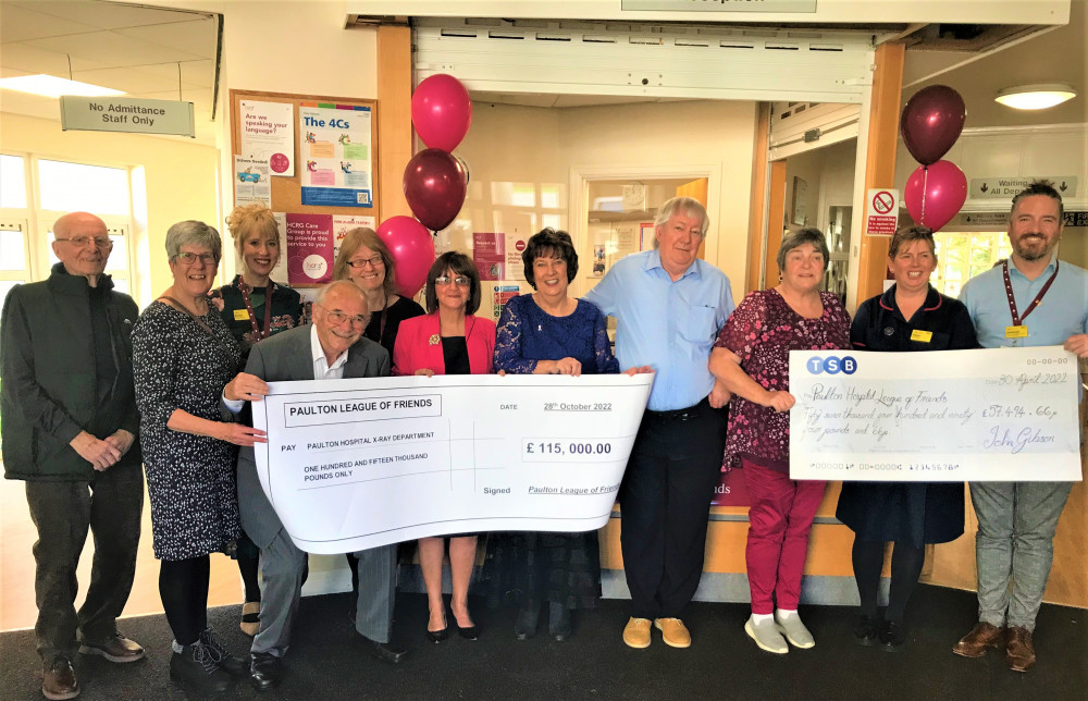 Caption: Members of the Paulton Hospital League of Friends present cheques to management and staff of Paulton Hospital and HCRG Care Group to cover funding for a new X-ray machine. Also included in the picture are Lana and John Gibson,  nephew and niece of local man Ray Ashman who left a substantial legacy to the hospital.