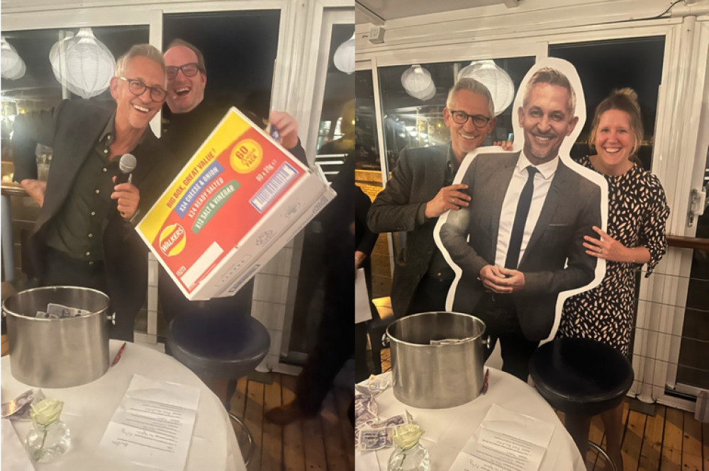 Gary Lineker with winning raffle recipients Simon Herrick and Elizabeth Cobb at last night's SporTedd's fundraising event in Teddington.