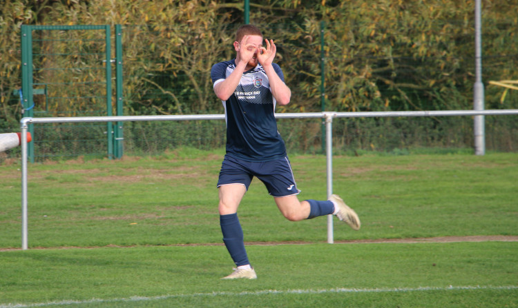 Owen Betts celebrates the first of his two goals in 3-0 win (Picture credit: Ian Evans/Hadleigh Nub News)