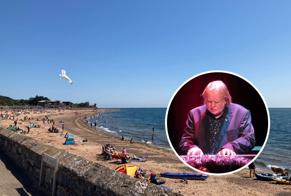 Exmouth beach (Nub News/ Will Goddard). Inset: Rick Wakeman (By kitmasterbloke - https://www.flickr.com/photos/58415659@N00/51731479258/, CC BY 2.0, https://commons.wikimedia.org/w/index.php?curid=115150567, changes made)