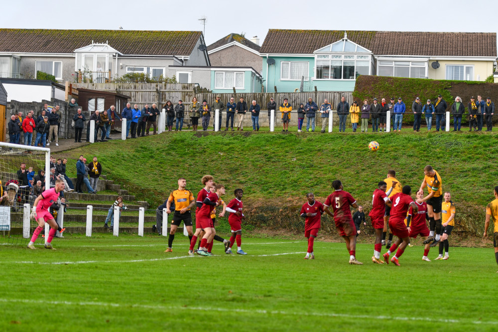 The Crowd watches on at Bickland Park. Credit - Falmouth Town FC, Cornwall Sport Media 