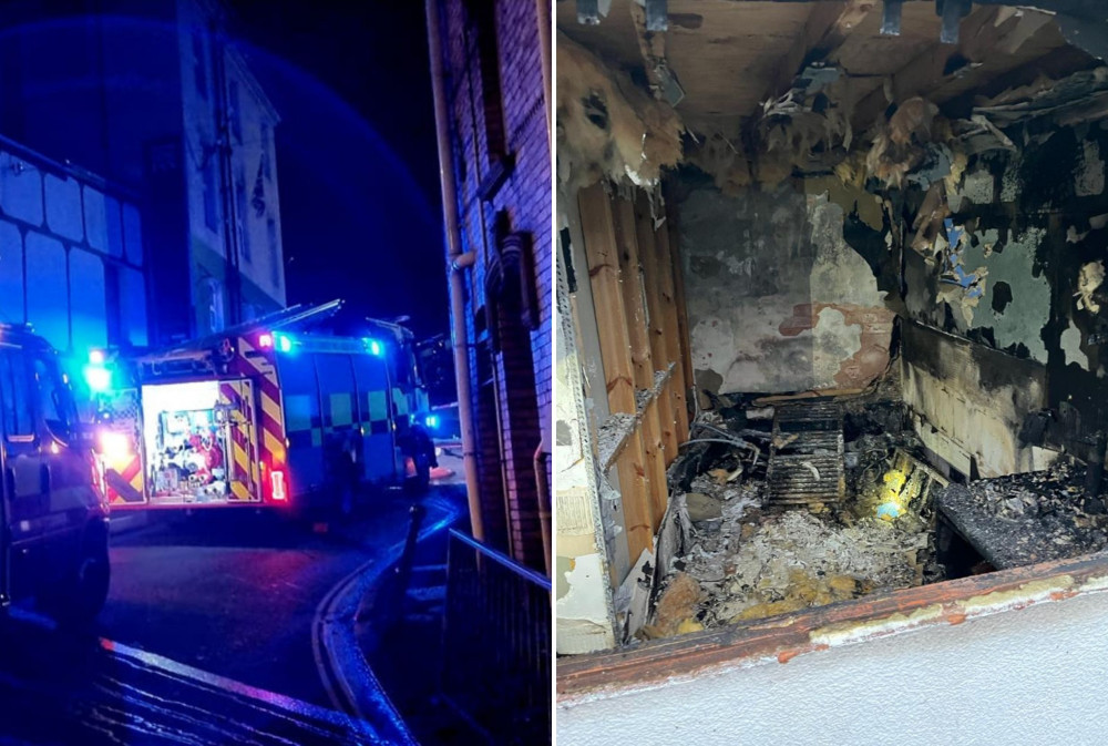 L: Fire engines in Dawlish (Teignmouth Fire Station). R: Damage done by the fire (Dawlish Fire Station)