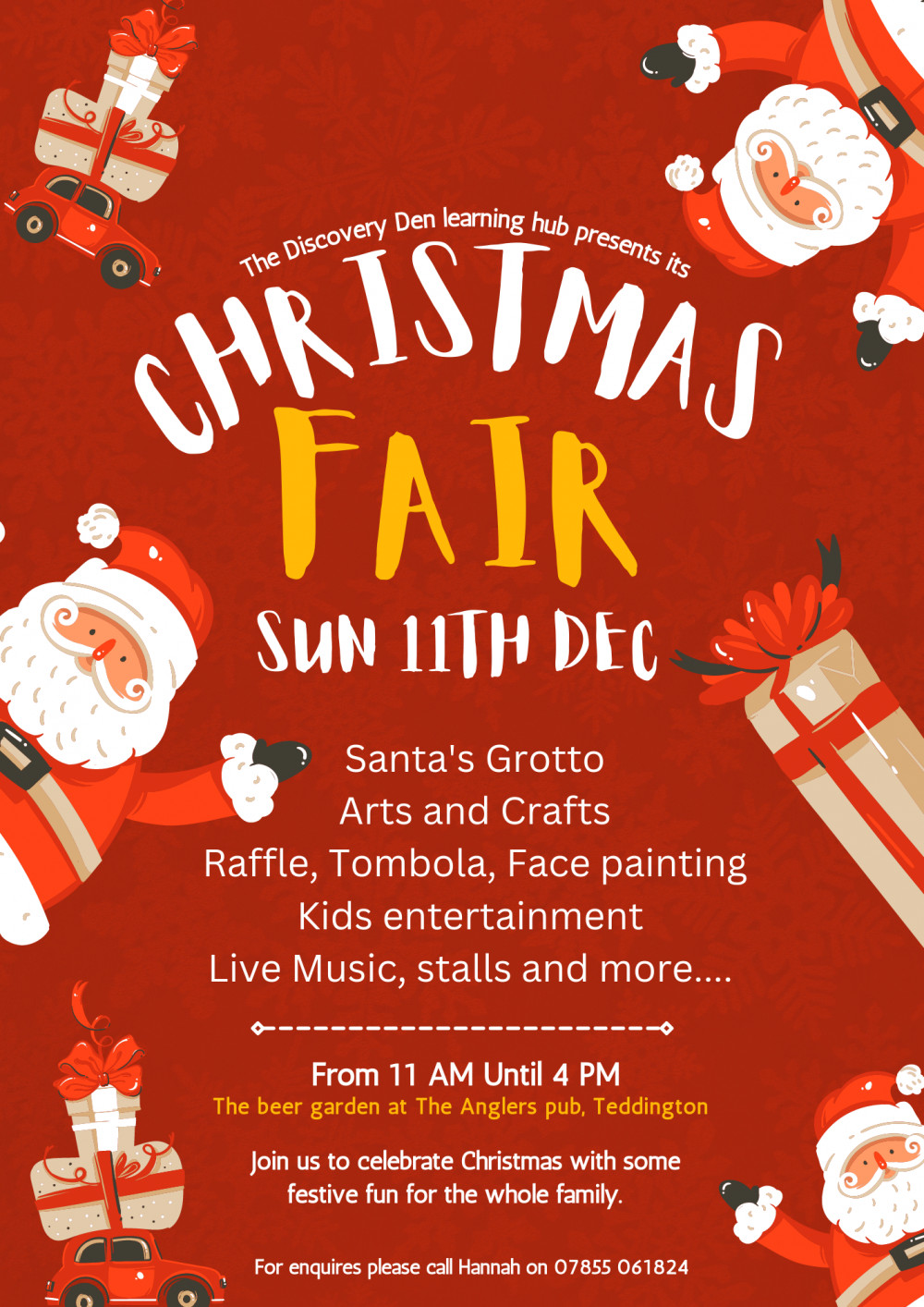 Come join us for a festive family fun day! There will be plenty to entertain the kids all day with Santa's Grotto, arts and crafts, raffle, tombola, face painting, stalls, live music, kids entertainers, and more!