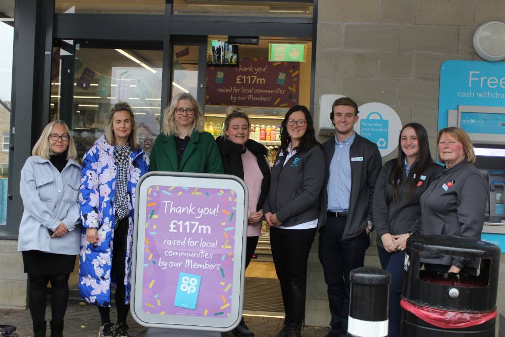 Left to right: Clare Barrett-Bee, Anna Hatley, Rebecca Lea, Kirsty Pegg of Pollyana's Day Nursey and The Bridgend Centre. Louise Little, Co-op Member Pioneer, plus Co-op Bollington colleagues Richard West-Morgan, Lauren Wittig and June Jackson. (Image - Alexander Greensmith / Macclesfield Nub News)