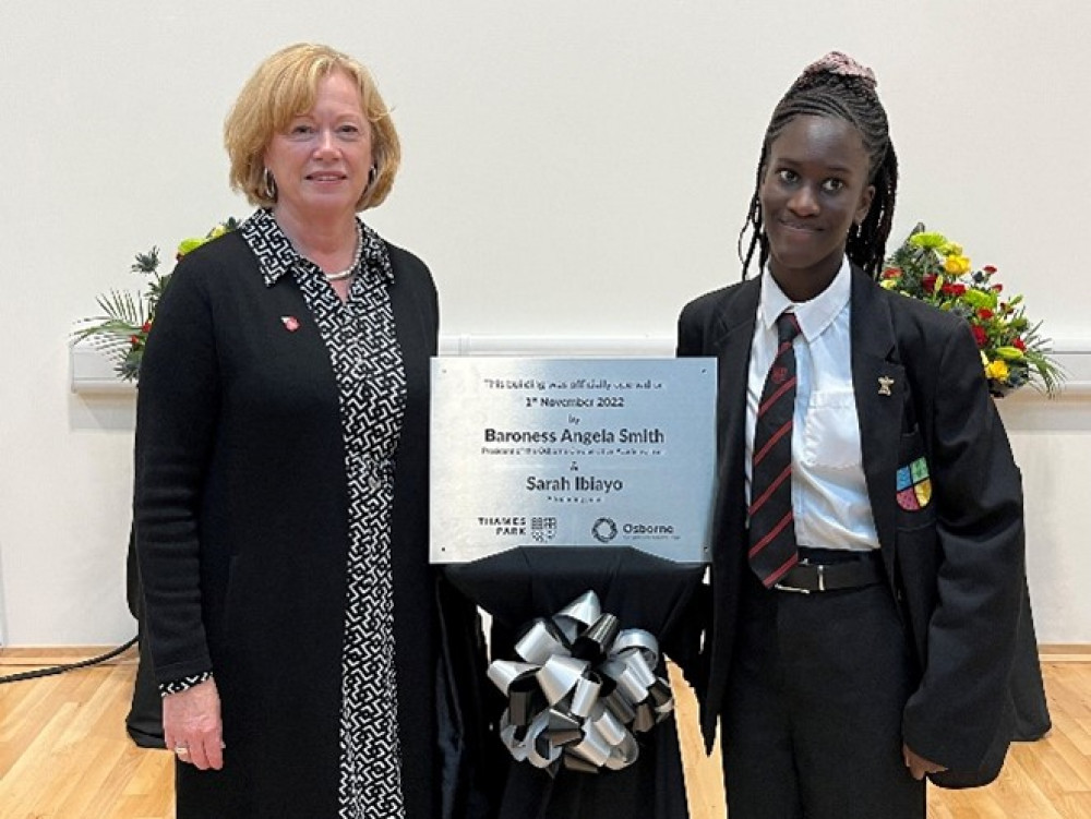 Baroness Smith and a founding pupil Sarah Ibiayo unveiled a plaque to commemorate the opening of the school on its permanent site.