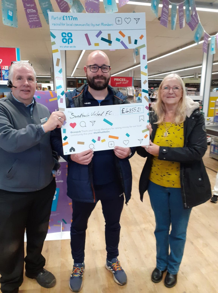 Sandbach United's Oliver Byron (middle) with Nick James, manager, Co-op Lawton Way and Sandbach Mayor, Councillor Kathryn Flavell 