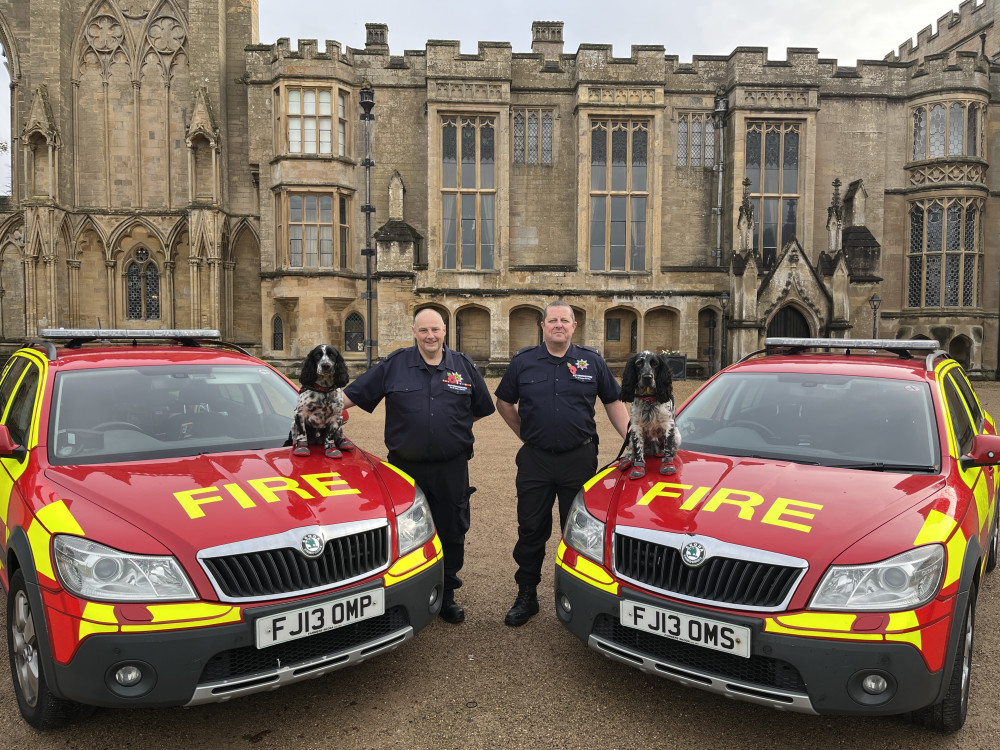 Nottinghamshire Fire and Rescue Service (NFRS) has welcomed a second fire dog team to their ranks. Pictured (L to R): Dexter, Dave, Tim, Barney. Photo courtesy of Nottinghamshire Fire and Rescue Service.